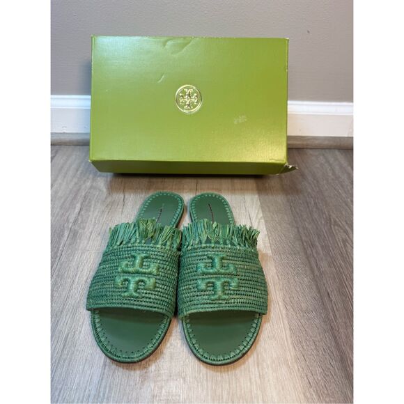 TORY BURCH Eleanor Raffia Double T Slide Sandals In Arugula Size 7 $328 - Picture 3 of 8